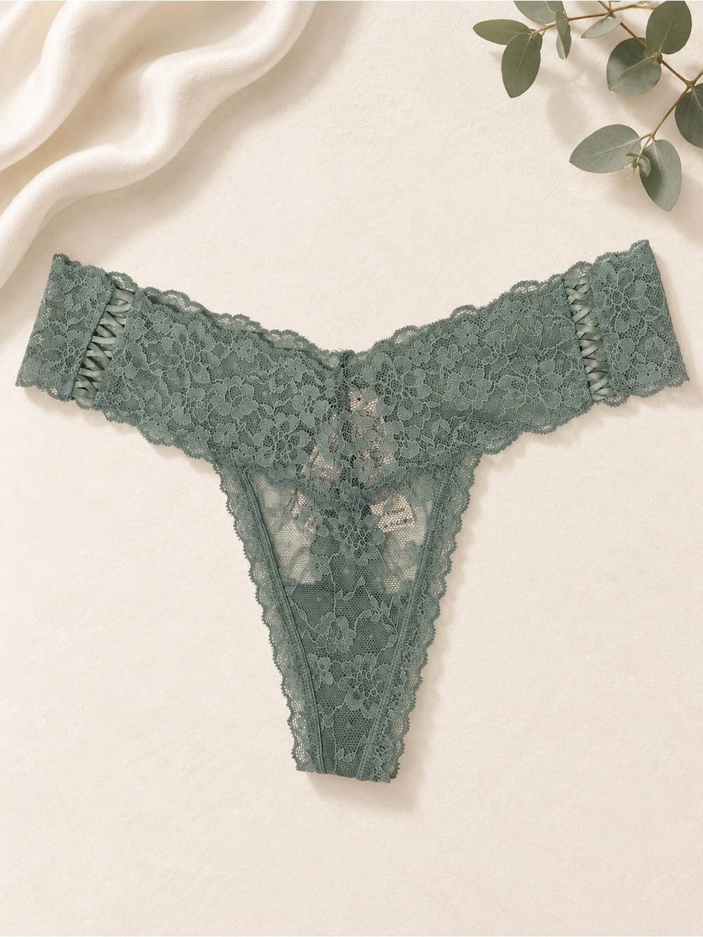 NWT Victoria’s Secret Sage Green Floral Lace Thong Size Small
